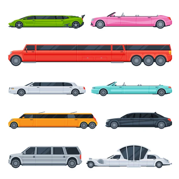 Retro and Modern Limousine Cars Collection, Elegant Premium Luxurious Limo Vehicles, Side View Flat Vector Illustration — Stock Vector