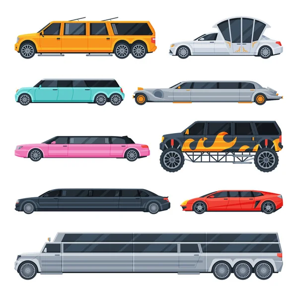 Limousine Cars Collection, Premium Luxurious Vehicles, Side View Flat Vector Illustration — Stock Vector