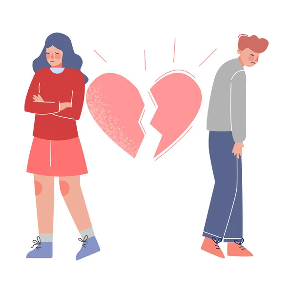 Joven trastornado y mujer de pie con el corazón roto, ruptura, divorcio Vector Illustration — Archivo Imágenes Vectoriales