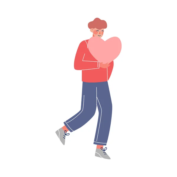 Young Man Walking with Big Pink Heart, Love, Relationships Vector Illustration — Stock Vector