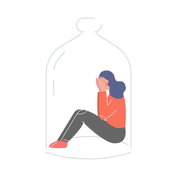 Jeune femme bouleversée assise sous un dôme de verre, dépression, solitude Illustration vectorielle — Image vectorielle