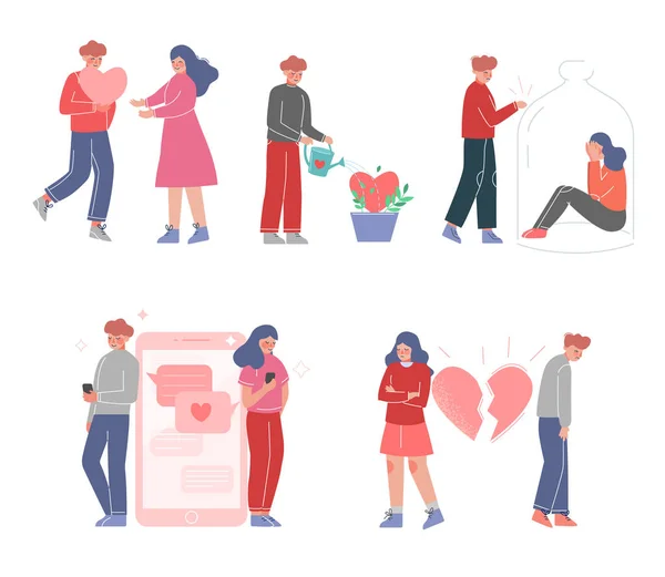 Loving Couples Relationships Set, Online Dating, viszonzatlan vagy elutasított szerelem, Az ember megpróbálja bemutatni a szívét a szeretett vektor illusztráció — Stock Vector