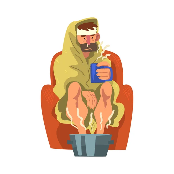 鼻水と頭痛を持つ病気の男,男とともにマグカップ彼の手で熱い水の漫画ベクトルイラストで盆地で足を加熱 — ストックベクタ
