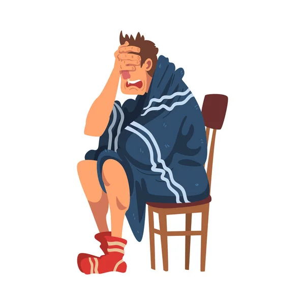 Kranker Mann sitzt auf Stuhl in Plaid gehüllt, Kerl mit Grippe trägt Stricksocken, die das Gesicht mit seiner Hand-Cartoon-Vector-Illustration bedecken — Stockvektor