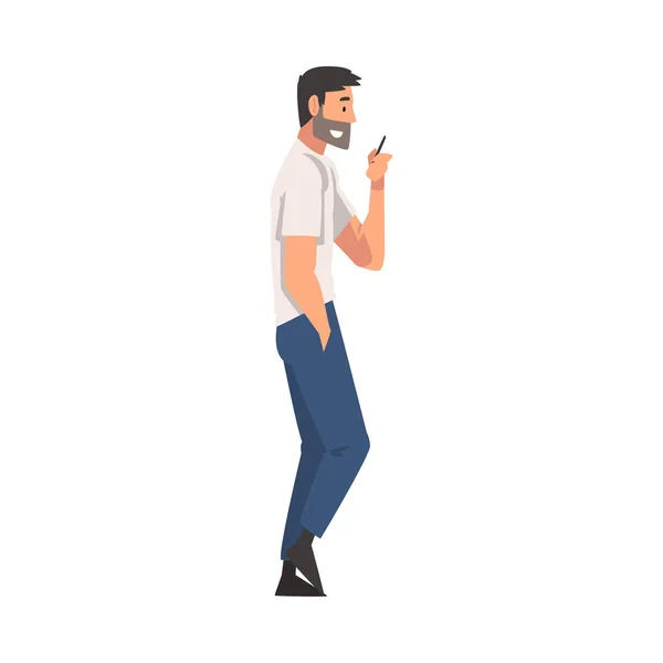 ( 영어 ) Bearbed Man Walking Outside, Guy Looking at His Smartphone, Person Using Digital Gadget for Online Communication Vector Illustration — 스톡 벡터