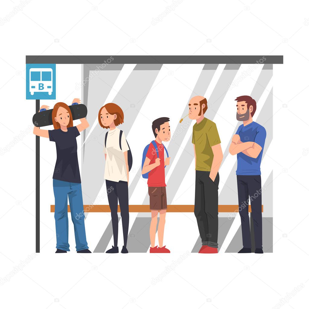 Group of Passengers Waiting for Public Transportation at Bus Stop, Various People Spending Time in Expectation Cartoon Vector Illustration