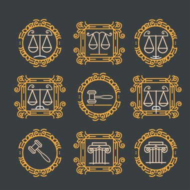 Hukuk office logo koymak. Vektör vintage avukat logosu koleksiyonu. Hukukçu simgesi şablonu. Avukat işareti. Hukuki kavram. Hukuki firma etiketleri ve rozeti