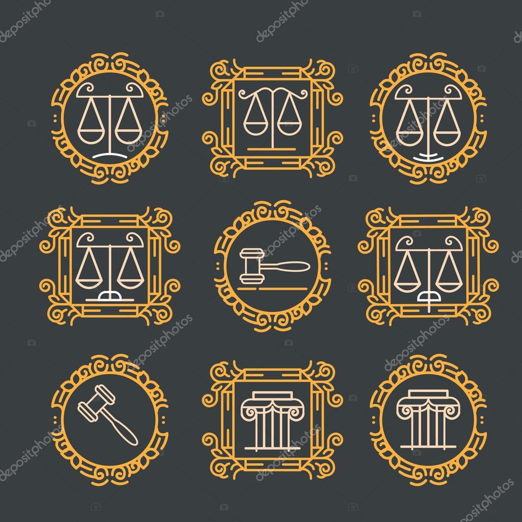 Law office logo set. Vector vintage lawyer logo collection. Jurist icon template. Attorney sign. Legal concept. Juridical firm labels and badge