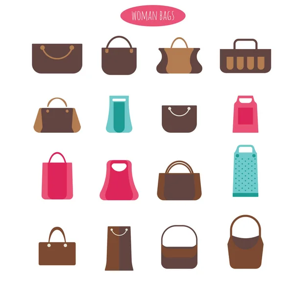 Varie borse donna alla moda con stampe colorate. Illustrazione vettoriale in stile piatto — Vettoriale Stock