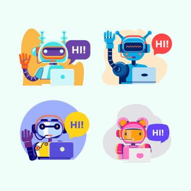 Sevimli modern robot sunucusu ya da Chat Bot destek hizmeti konsepti işareti