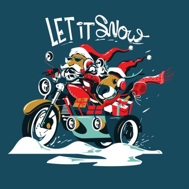 Noel Baba ve geyik Noel arifesinde motosiklete binerler.