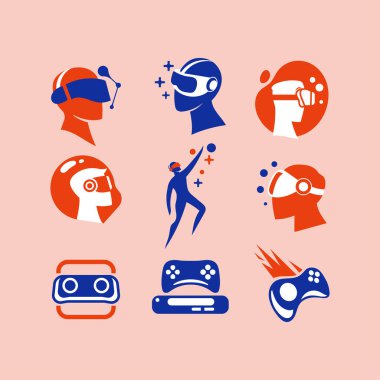 Oyun Oynatma Joystick 'inin vektör kümesi, simgeler ve logo için Vr mobil oyun ögeleri