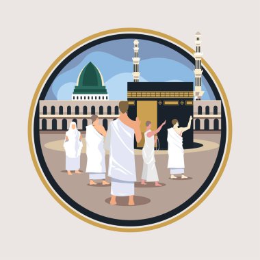 İnsan karakteri ve Mekke kavramına sahip hac veya umrah illüstrasyonu