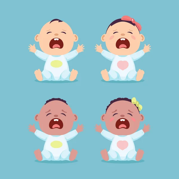 Set of sitting and crying little Caucasian baby and black baby, baby boy and baby girl