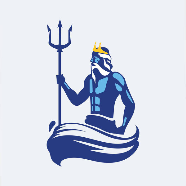 Poseidon or Neptune wielding a trident with waves. mascot logo design