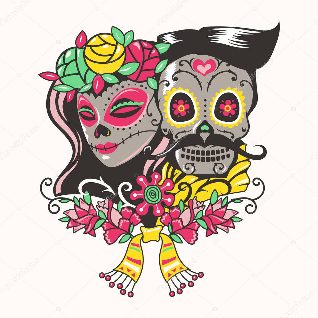 Day of the Dead Mariachi and Catrina Skeleton Illustration for Decoration, Invitation, Poster and Flyer