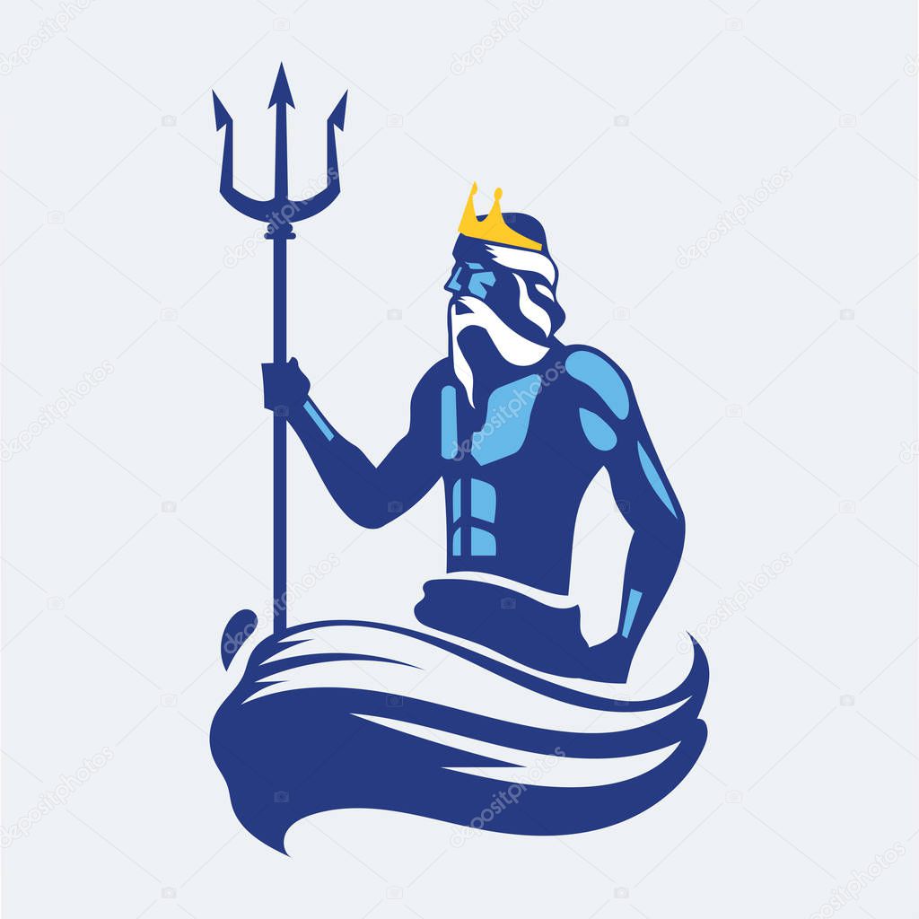 Poseidon or Neptune wielding a trident with waves. mascot logo design