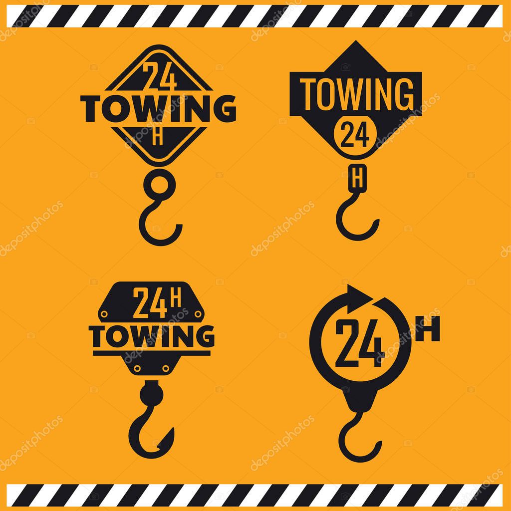 Car tow service, 24 hours, truck , isolated icon or logo on yellow background, auto service, car repair