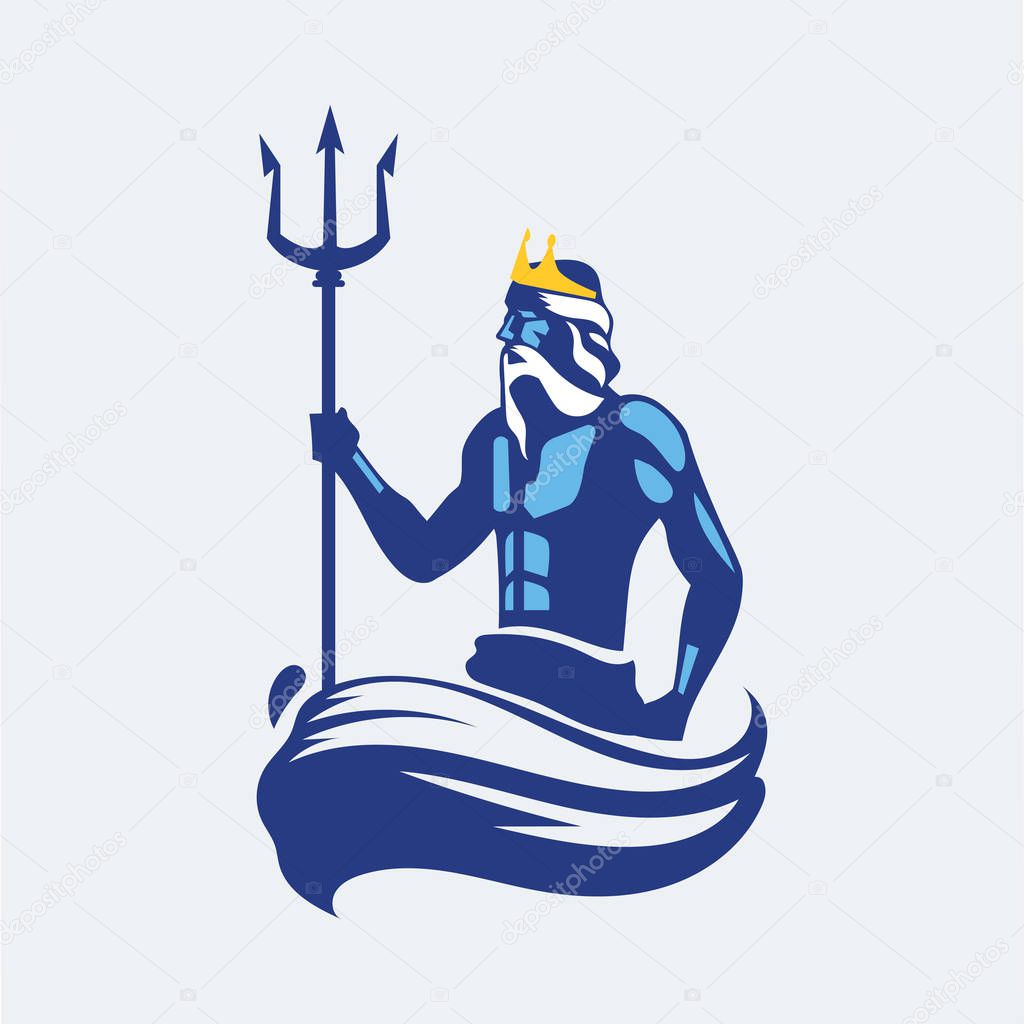 Poseidon or Neptune wielding a trident with waves. mascot logo design