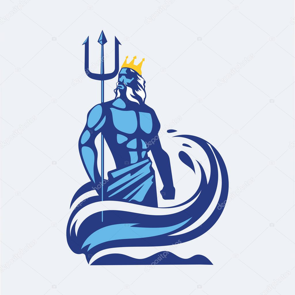 Poseidon or Neptune wielding a trident with waves. mascot logo design