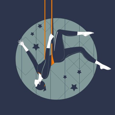 Kız trapezde baş aşağı asılı duruyor. Vintage vektör illüstrasyonu