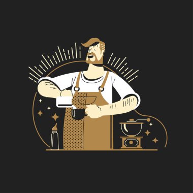 Kahve barında kahve fincanı olan erkek baristanın altın sarısı.