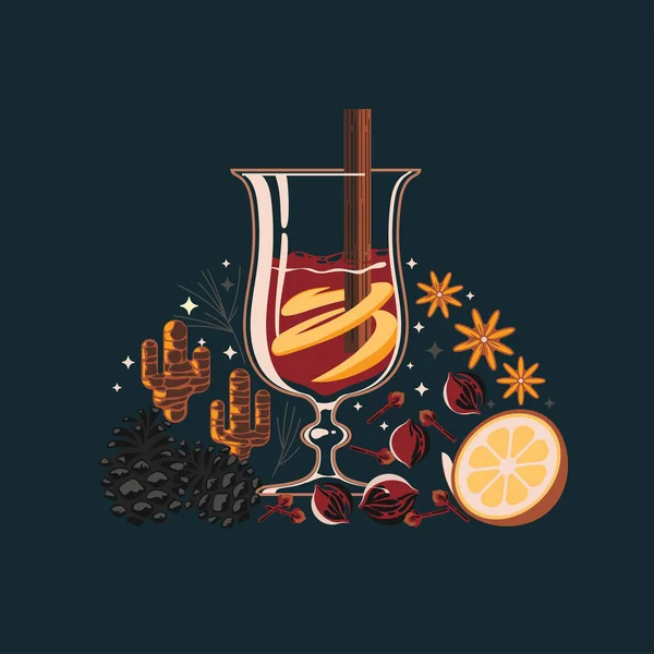 Gold Mulled Wine Set Glass Drink Ingredients Vector Illustration — Stock Vector