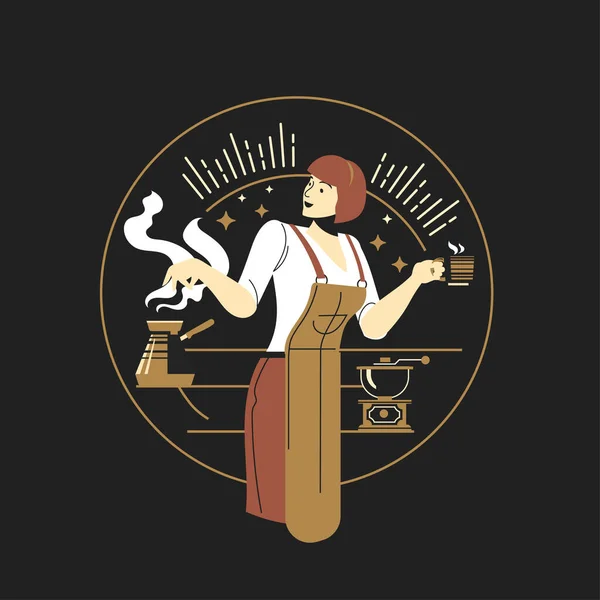 咖啡吧里有一杯咖啡的女性咖啡师的矢量金 — 图库矢量图片
