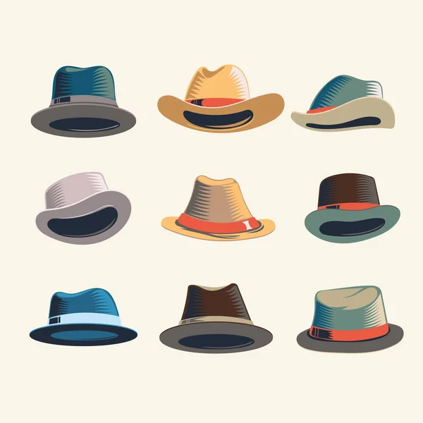 Homem Vintage Derby Chapéu Fedora Set — Vetor de Stock