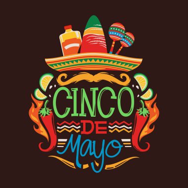 Cinco de Mayo vektör illüstrasyon amblemi tasarımı ve tebrik kartı ve poster için el yazısı