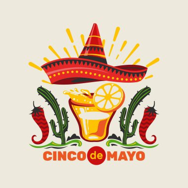 Cinco de Mayo vektör illüstrasyon amblemi tasarımı ve tebrik kartı ve poster için el yazısı
