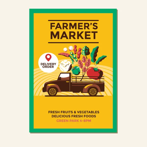 Farmer Market Vector Illustratie Van Farmer Pickup Truck Voor Poster — Stockvector