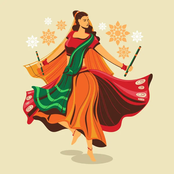 Vector Ontwerp Van Vrouw Spelen Garba Dans Voor Dussehra Dandiya — Stockvector