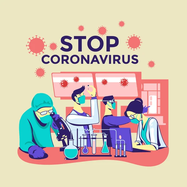 Vědci Provádějí Výzkum Koronaviru Covid Vytvořit Vakcínu Zastavení Pandemie Koronaviru — Stockový vektor