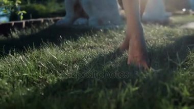 Kadın ayakları yeşil çimenlerin üzerinde yürüyüş
