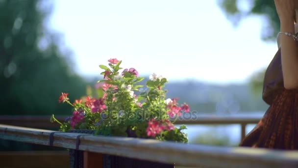 Mujer oliendo pequeñas flores rosadas en macetas — Vídeo de stock