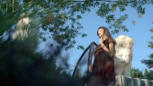 一个可爱的年轻女子站在石狮旁边 — 图库视频影像