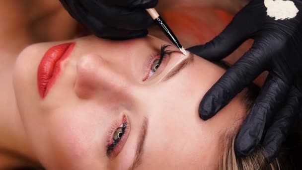 Close up shot. Professional specialist of permanent make-up work with eyebrows. Beauty, makeup and fashion concept — Stock Video