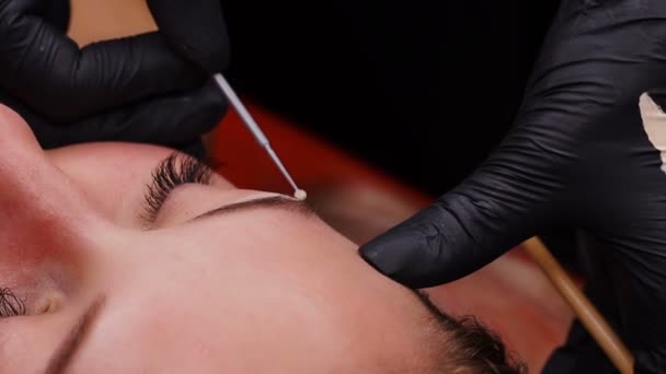 Professionelle Spezialisten für Permanent Make-up in schwarzen Handschuhen arbeiten mit Augenbrauen. Leichte Lecks — Stockvideo