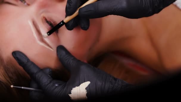 Vista panorâmica. Especialista profissional de maquilagem permanente em luvas pretas pintam sobrancelhas . — Vídeo de Stock