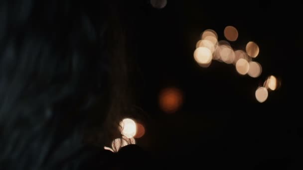 Visão traseira das mulheres carrega a lâmpada na floresta escura — Vídeo de Stock