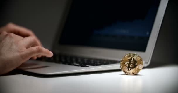 Egy szabadúszó lány használ egy Laptop távoli munkát. Üzletasszony Bitcoin működik. Cryptocurrency kereskedelmi képernyő a Laptop — Stock videók