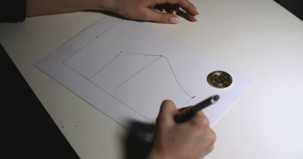 La donna sta usando le matite e disegnando le linee sulle carte. Grafico Bitcoin su carta — Video Stock
