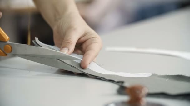 Modista profesional, costurera de corte de tela con tijeras en el estudio de costura. Concepto de moda y sastrería — Vídeo de stock