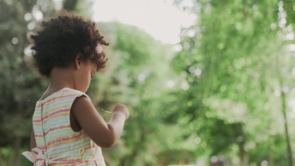 Niña afroamericana está jugando con lupa en el parque . — Vídeos de Stock