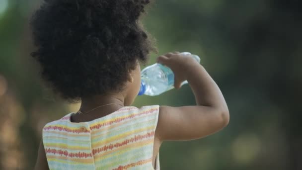 Πίσω όψη του μικρού Αφροαμερικανού κοριτσιού που πίνει νερό — Αρχείο Βίντεο