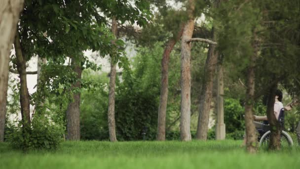 Uma pessoa a ajudar um deficiente. Homem está cuidando de deficientes e ajudá-lo a relaxar no parque em sua cadeira de rodas . — Vídeo de Stock