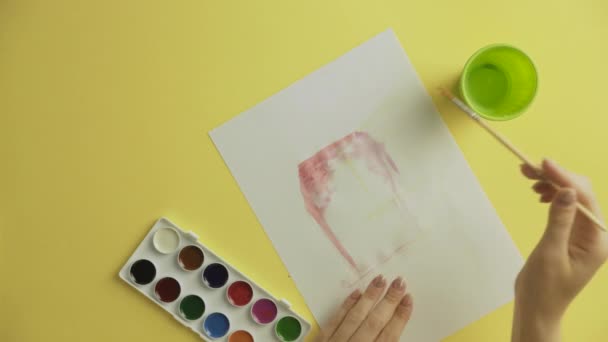 Von oben Ansicht der Künstlerin Malerei Aquarellfarben — Stockvideo