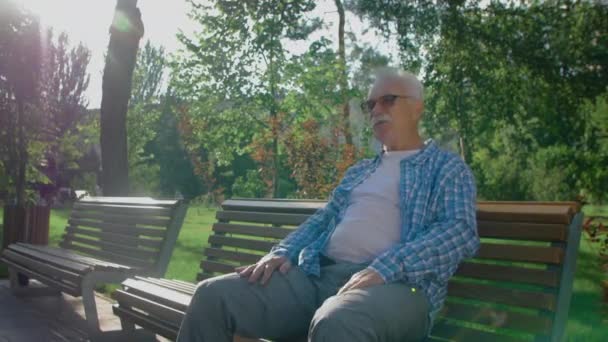 Grootvader wacht op zijn kleinkinderen op de bank in het park — Stockvideo