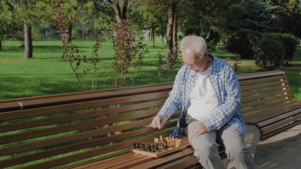 Ο γέρος παίζει σκάκι μόνος στον πάγκο στο καλοκαιρινό πάρκο. — Αρχείο Βίντεο